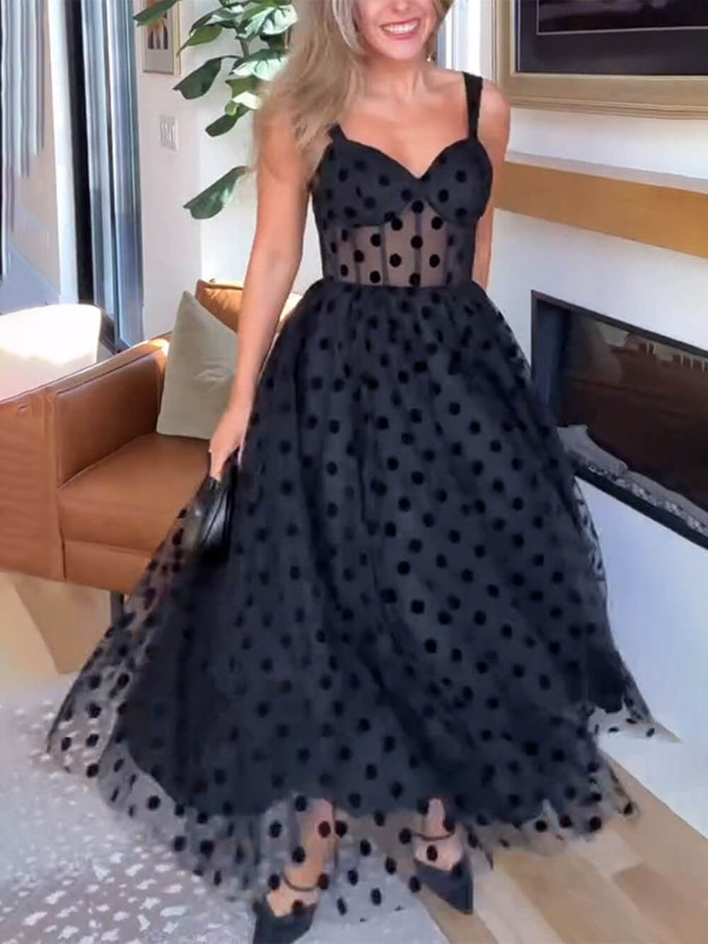 Claravelle – Tulle Polka Dot Bustier Midi Dress