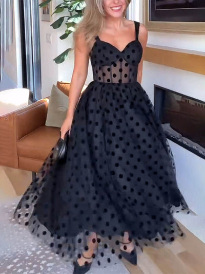 Claravelle – Tulle Polka Dot Bustier Midi Dress