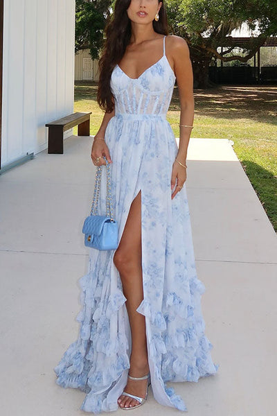 Back Lace-up Ruffle Hem Slit Floral Print Maxi Cami Dress