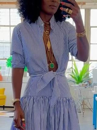 Striped Stand Collar Shirt And Skirt Suit-Shirt