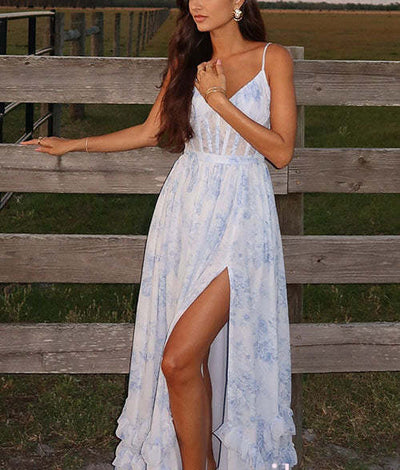 Back Lace-up Ruffle Hem Slit Floral Print Maxi Cami Dress
