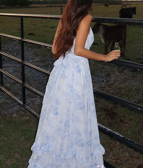 Back Lace-up Ruffle Hem Slit Floral Print Maxi Cami Dress