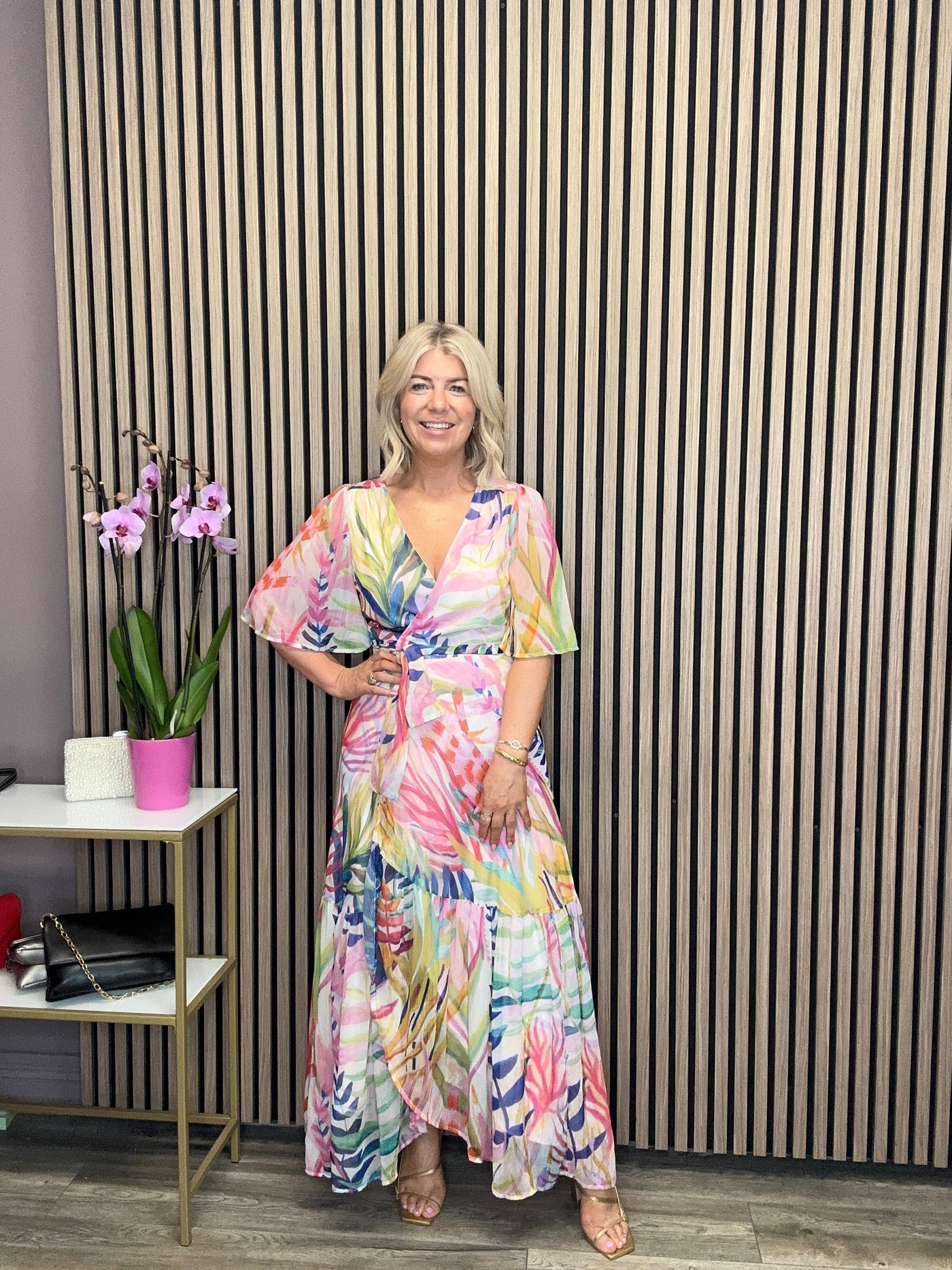 The Leah Flutter Sleeve Maxi Wrap Dress (Pink/Multi)
