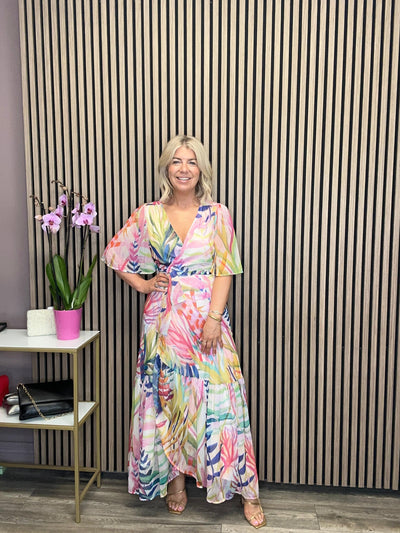 The Leah Flutter Sleeve Maxi Wrap Dress (Pink/Multi)