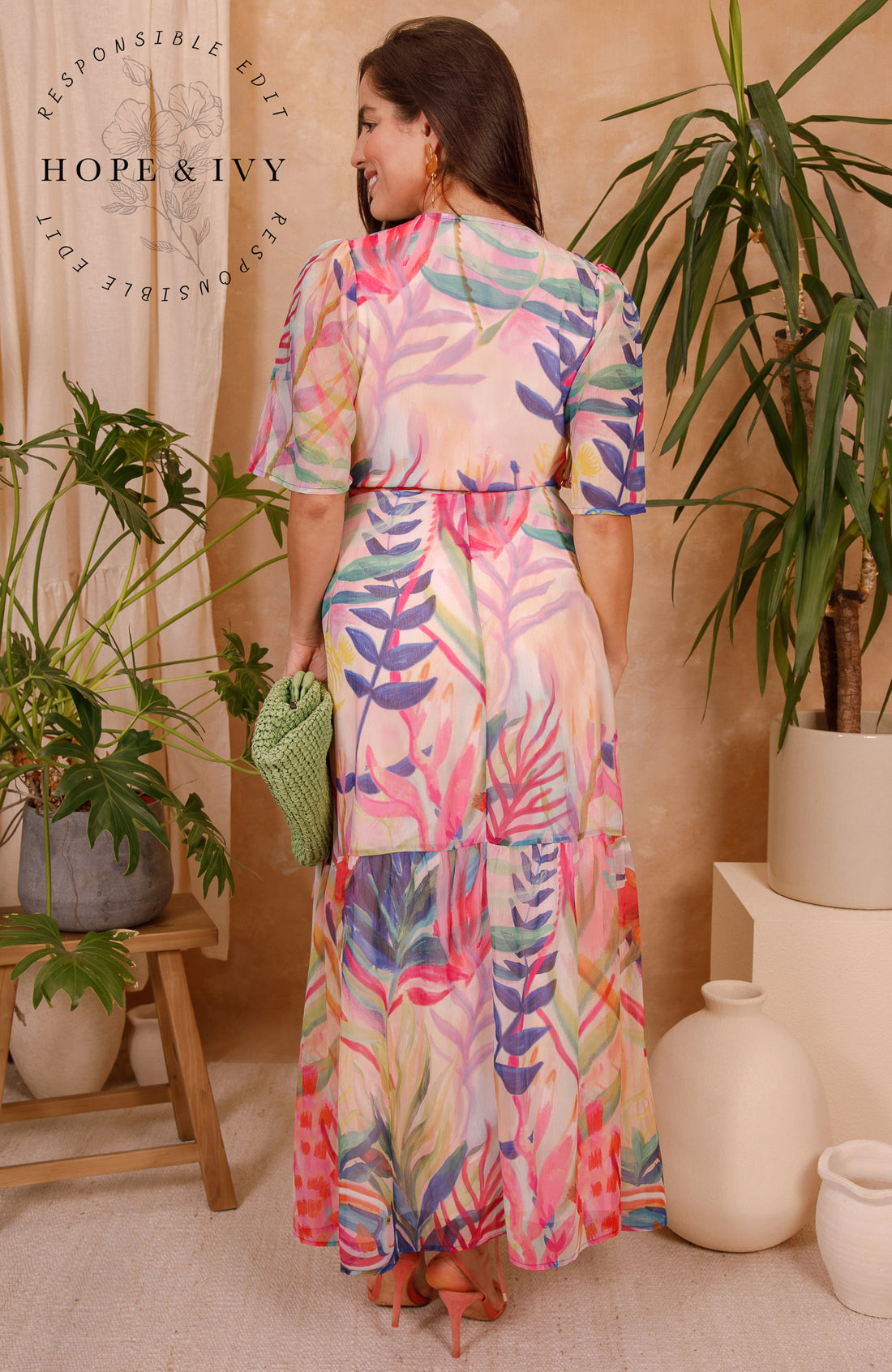 The Leah Flutter Sleeve Maxi Wrap Dress (Pink/Multi)