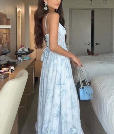 Back Lace-up Ruffle Hem Slit Floral Print Maxi Cami Dress