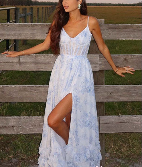 Back Lace-up Ruffle Hem Slit Floral Print Maxi Cami Dress