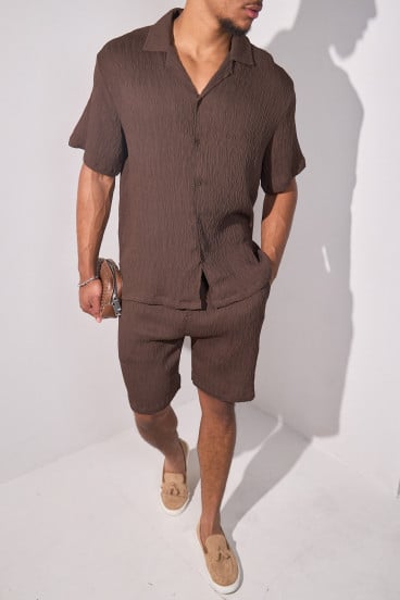 2-piece pleated shirt + brown shorts set