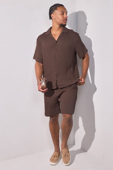 2-piece pleated shirt + brown shorts set