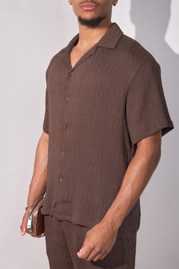 2-piece pleated shirt + brown shorts set