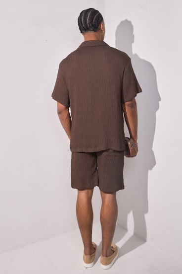 2-piece pleated shirt + brown shorts set