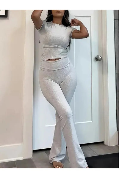 Viyamo Women's Short Sleeve Crew Neck Bottom Flared Leg Viscose Two Piece Suit