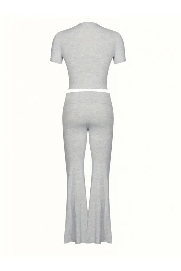 Viyamo Women's Short Sleeve Crew Neck Bottom Flared Leg Viscose Two Piece Suit