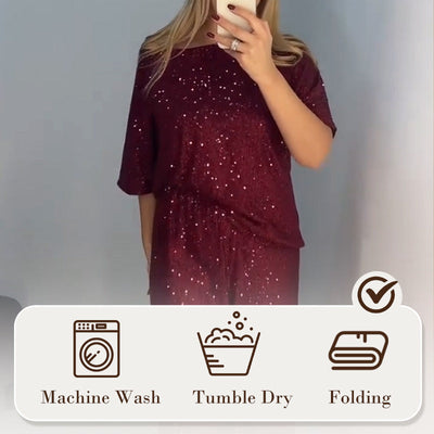 Women's top with sequin print and loose pants