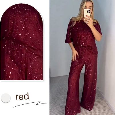 Women's top with sequin print and loose pants