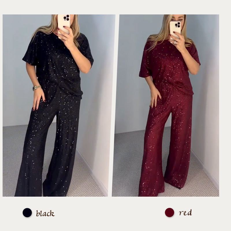 Women's top with sequin print and loose pants