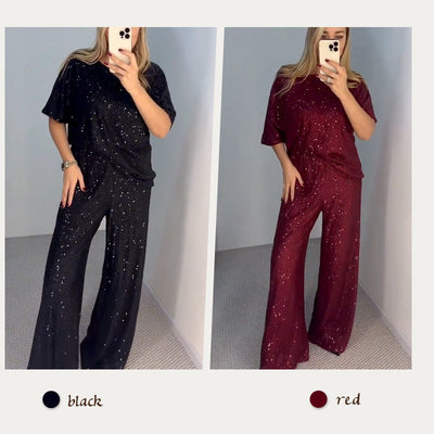 Women's top with sequin print and loose pants