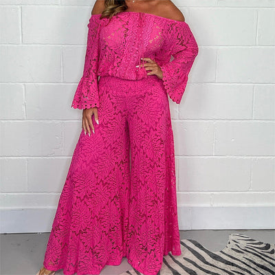 Women's two-piece set: lace top + wide-leg pants