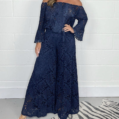Women's two-piece set: lace top + wide-leg pants