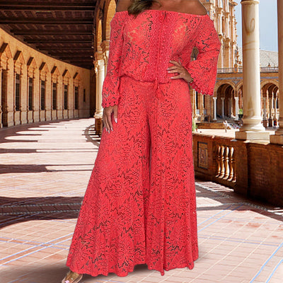 Women's two-piece set: lace top + wide-leg pants