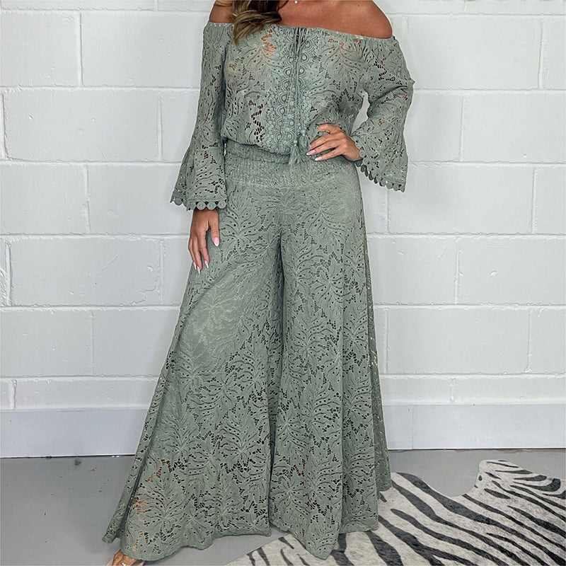Women's two-piece set: lace top + wide-leg pants
