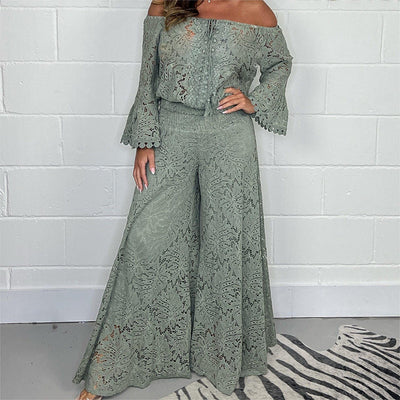 Women's two-piece set: lace top + wide-leg pants