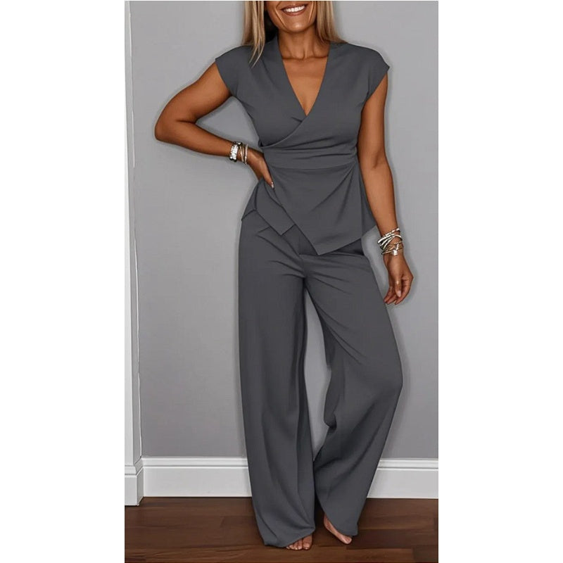 Women's elegant set: V-neck top and pants